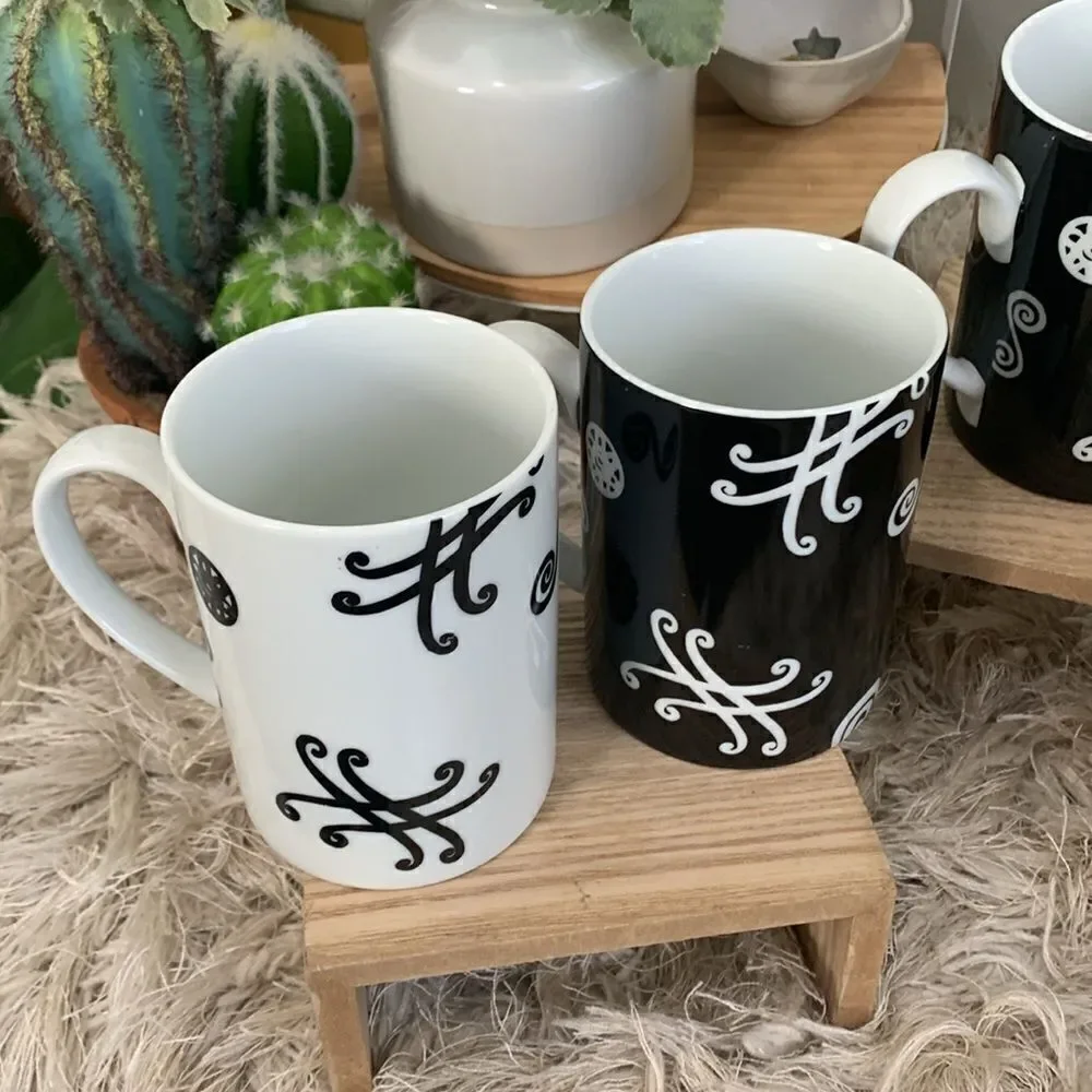Vintage Pottery Barn Fez Pattern Black and‎ White Swirl Coffee Cups Set Of 6